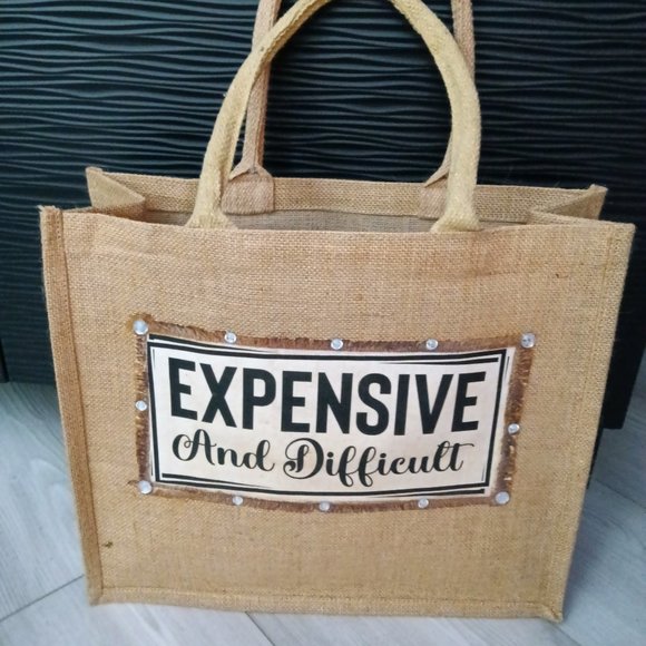 Bags New Jute Tote Embellished With A Jewel Trimmed Saying Expensive